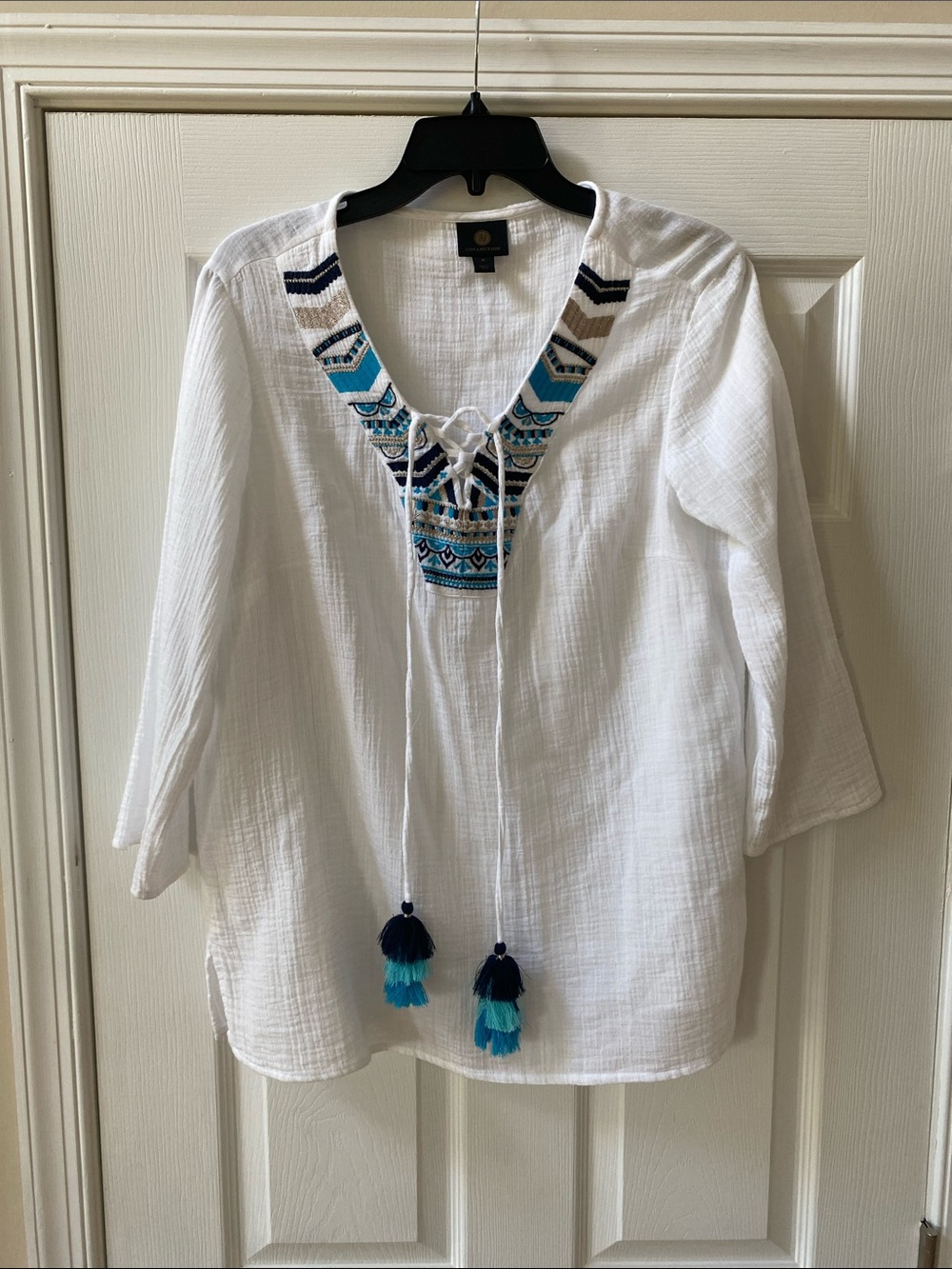 JM Collection White Tunic with Blue & Navy Embroidered V-Neck